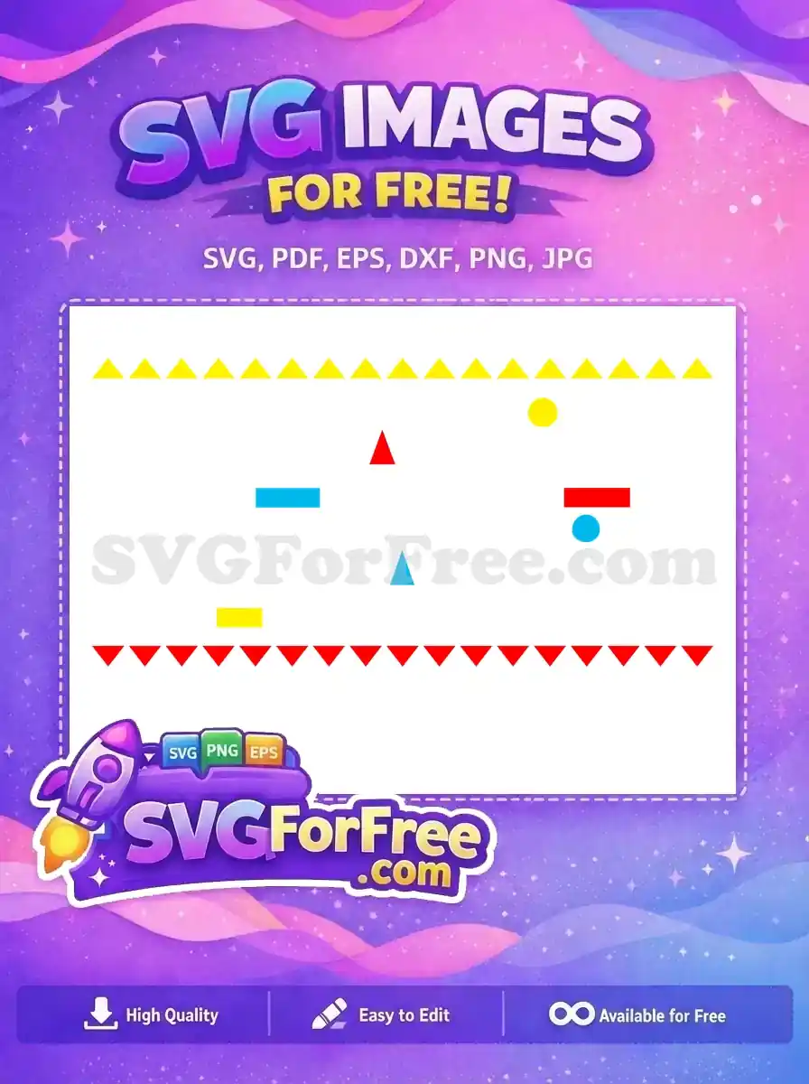 Colorful free geometric shapes on white, with red and yellow triangle borders. A dynamic free design for various projects.