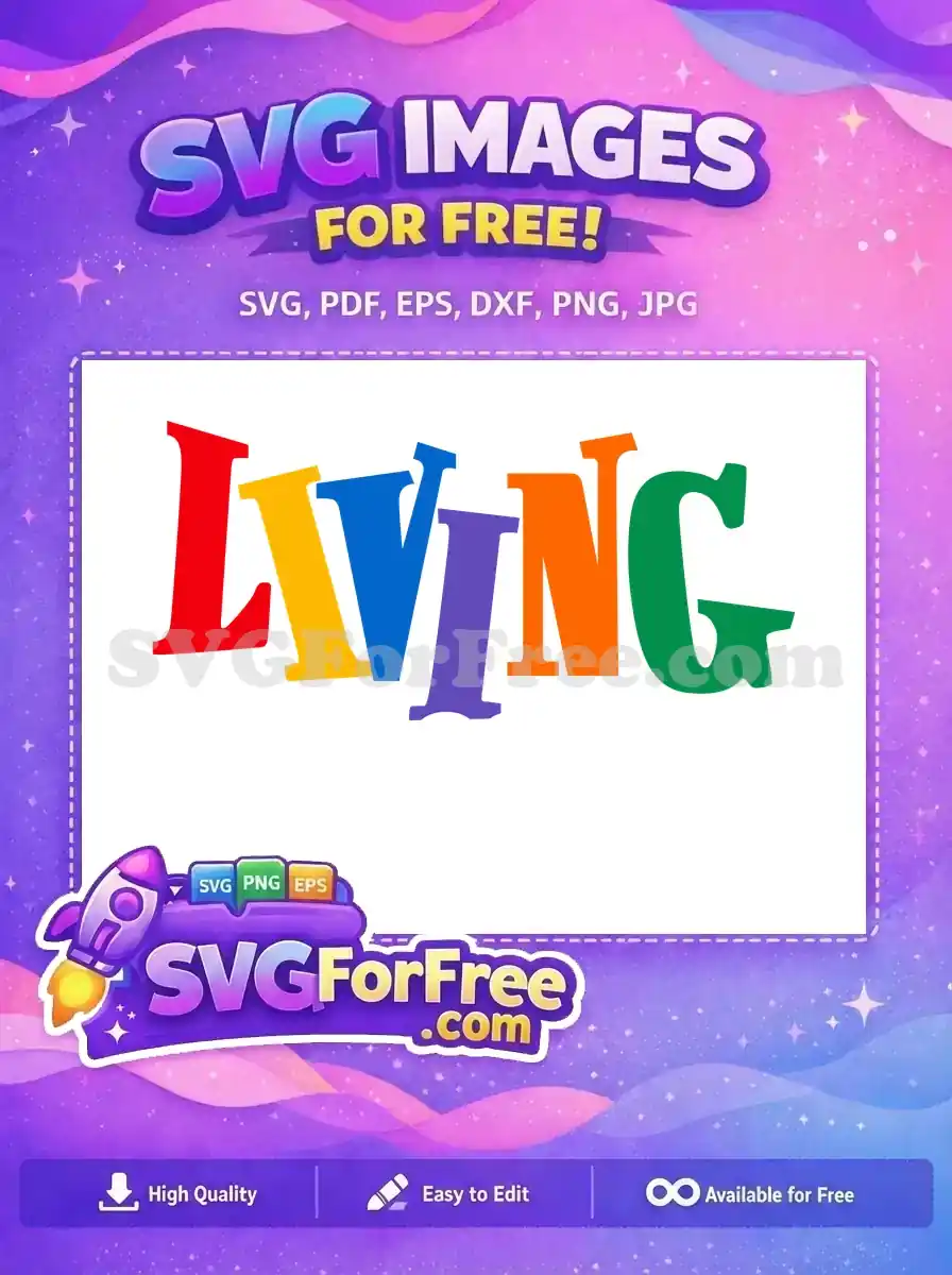 A vibrant, free 'LIVING' SVG design featuring colorful, playful, tilted serif letters. This free graphic is perfect for craft projects.