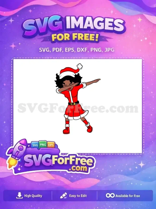 Free design: A joyful Black Santa woman dabbing, bringing modern holiday spirit to any festive project. Free SVG.