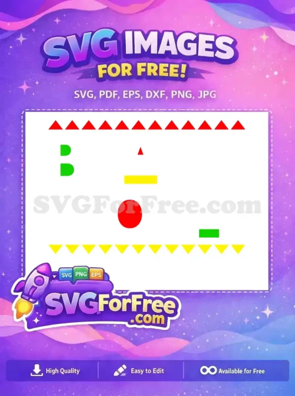 A vibrant free geometric design with red and yellow triangle borders, green D-shapes, and primary colored shapes. Free for creative use.