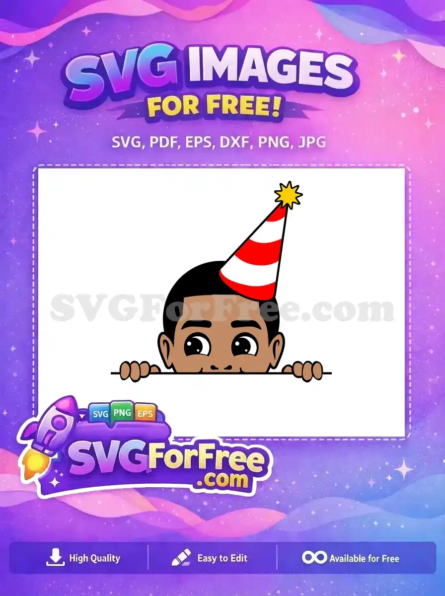 A delightful free SVG of a joyful boy with a party hat peeking, perfect for adding a fun, free touch to designs.
