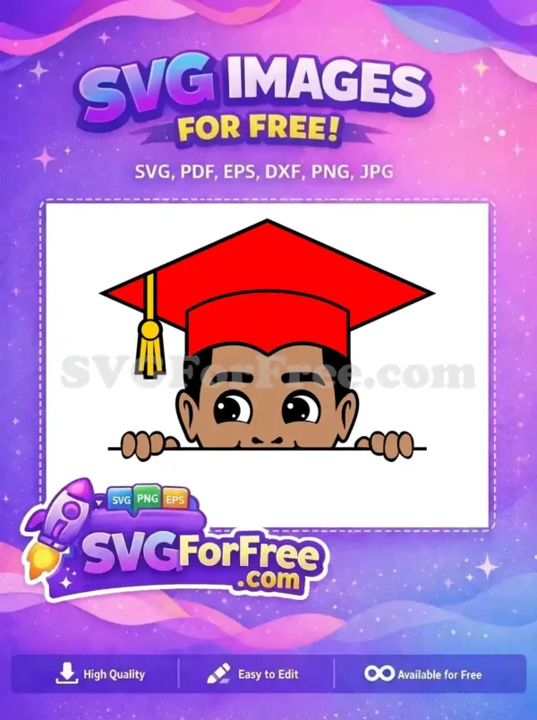 A charming free SVG of a child's head in a red graduation cap, peeking with big eyes and small hands.