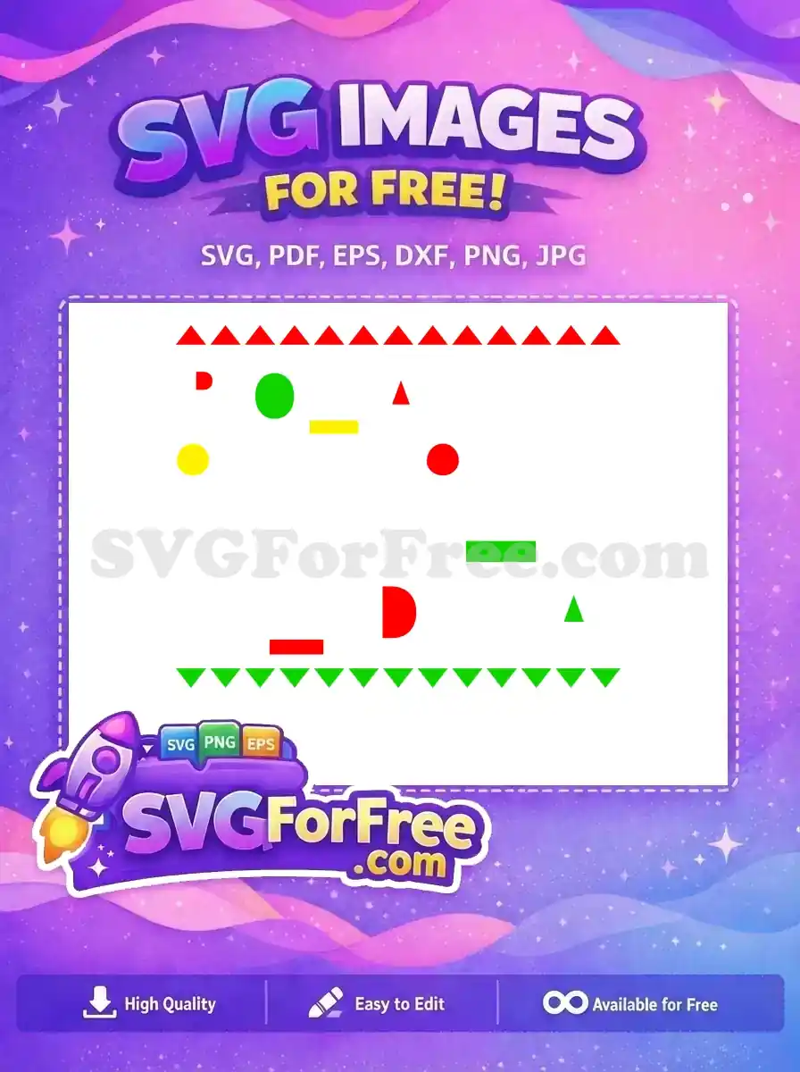 A diverse collection of free geometric shapes in red, green, and yellow, framed by rows of triangles. This free design offers creative versatility.