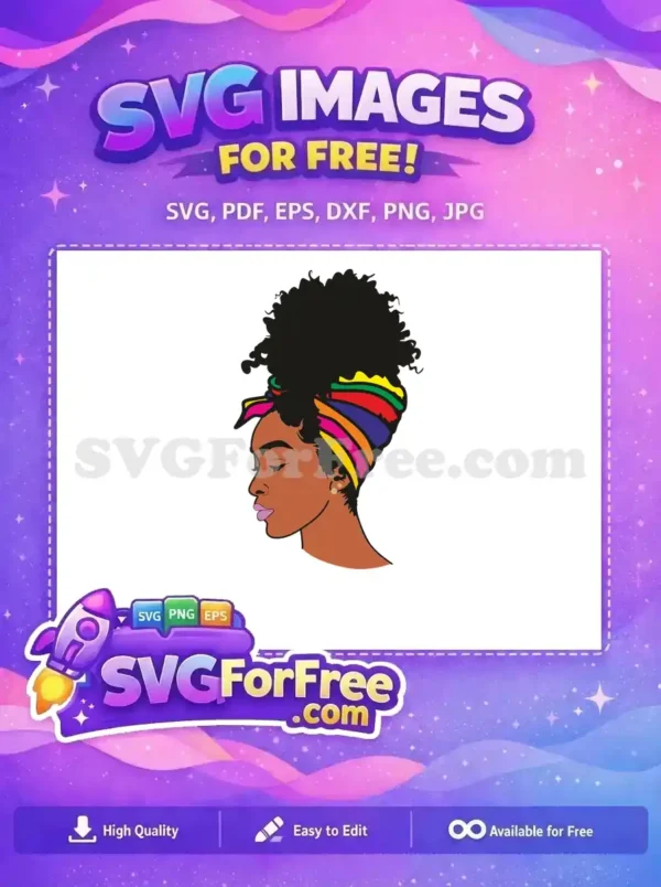 Free Radiant Woman SVG Design with Colorful Headwrap Free SVG of a beautiful woman in profile, wearing a colorful striped headwrap and natural afro. A free design for diverse creative projects.