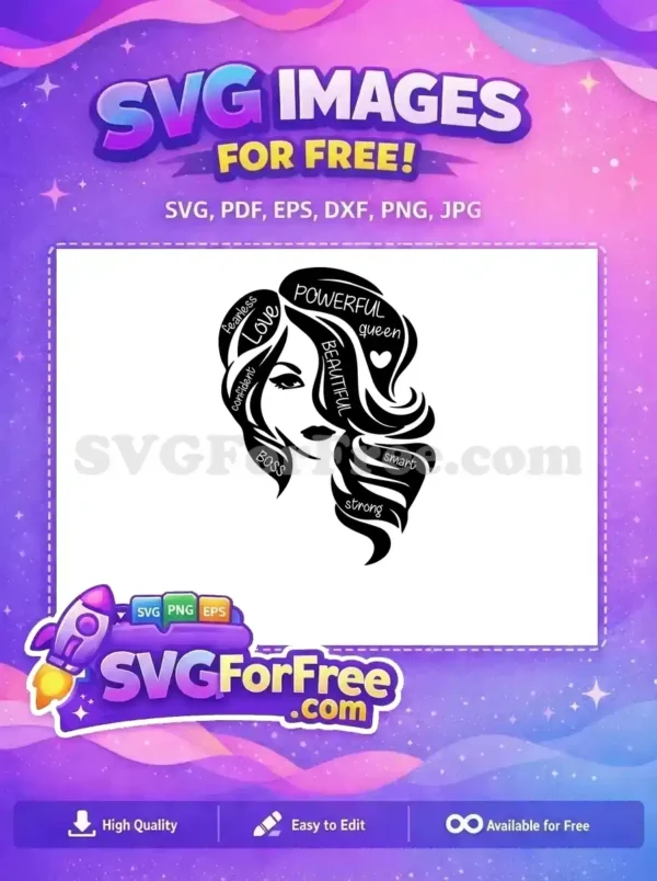 A free design of a woman's silhouette with empowering words like Powerful, Beautiful, and Confident in her hair.
