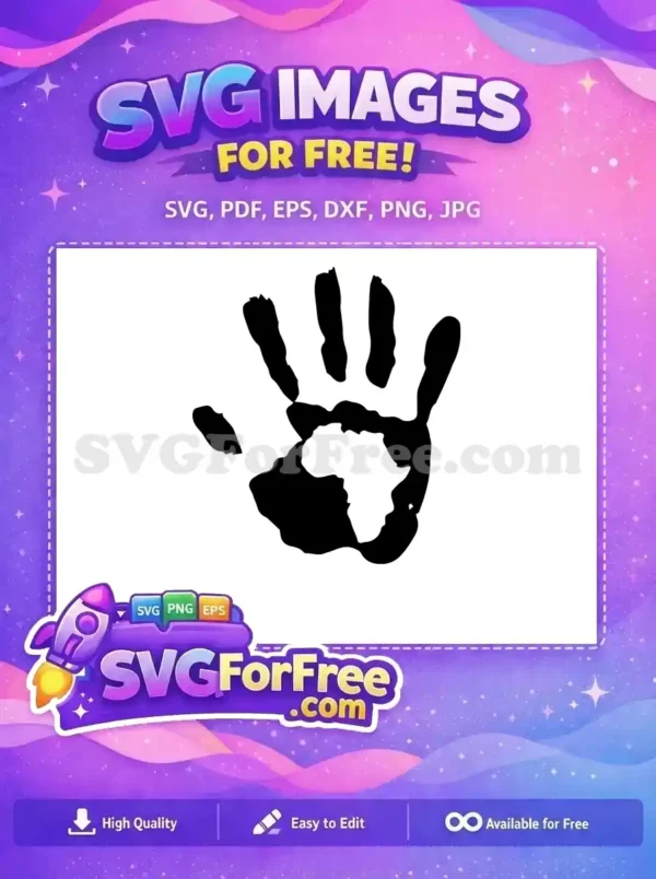 Free Africa Handprint SVG – Unity & Heritage Design A free design showing a black handprint with the continent of Africa as striking white negative space in the palm, symbolizing unity and heritage.