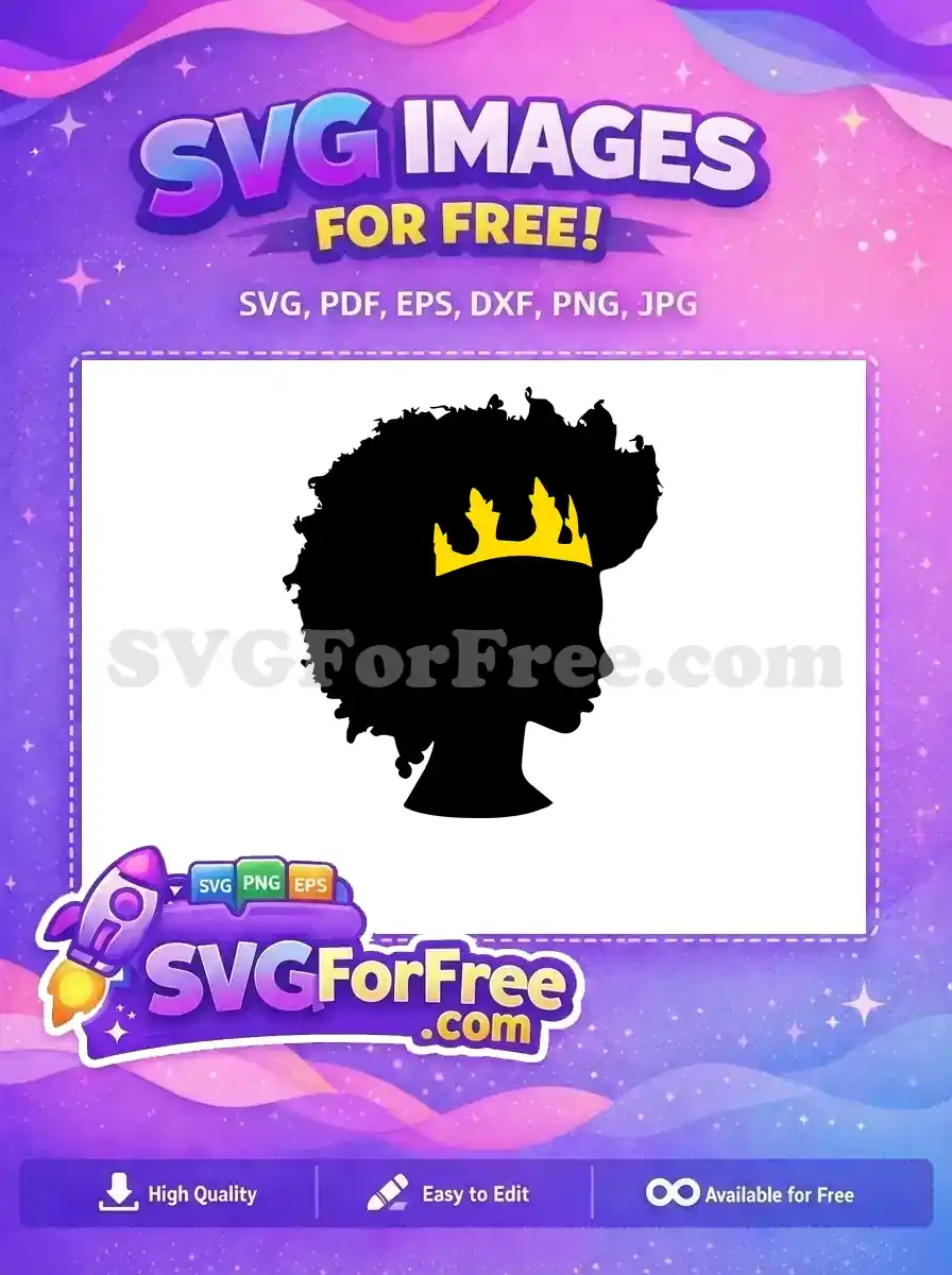 A striking free design of a Black woman's silhouette with a majestic afro and golden crown, symbolizing strength.