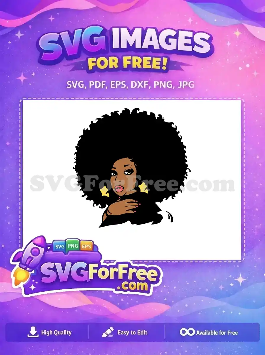 A free vibrant illustration of a woman with a large afro, green eyes, red lips, and star earrings. A stylish free design!
