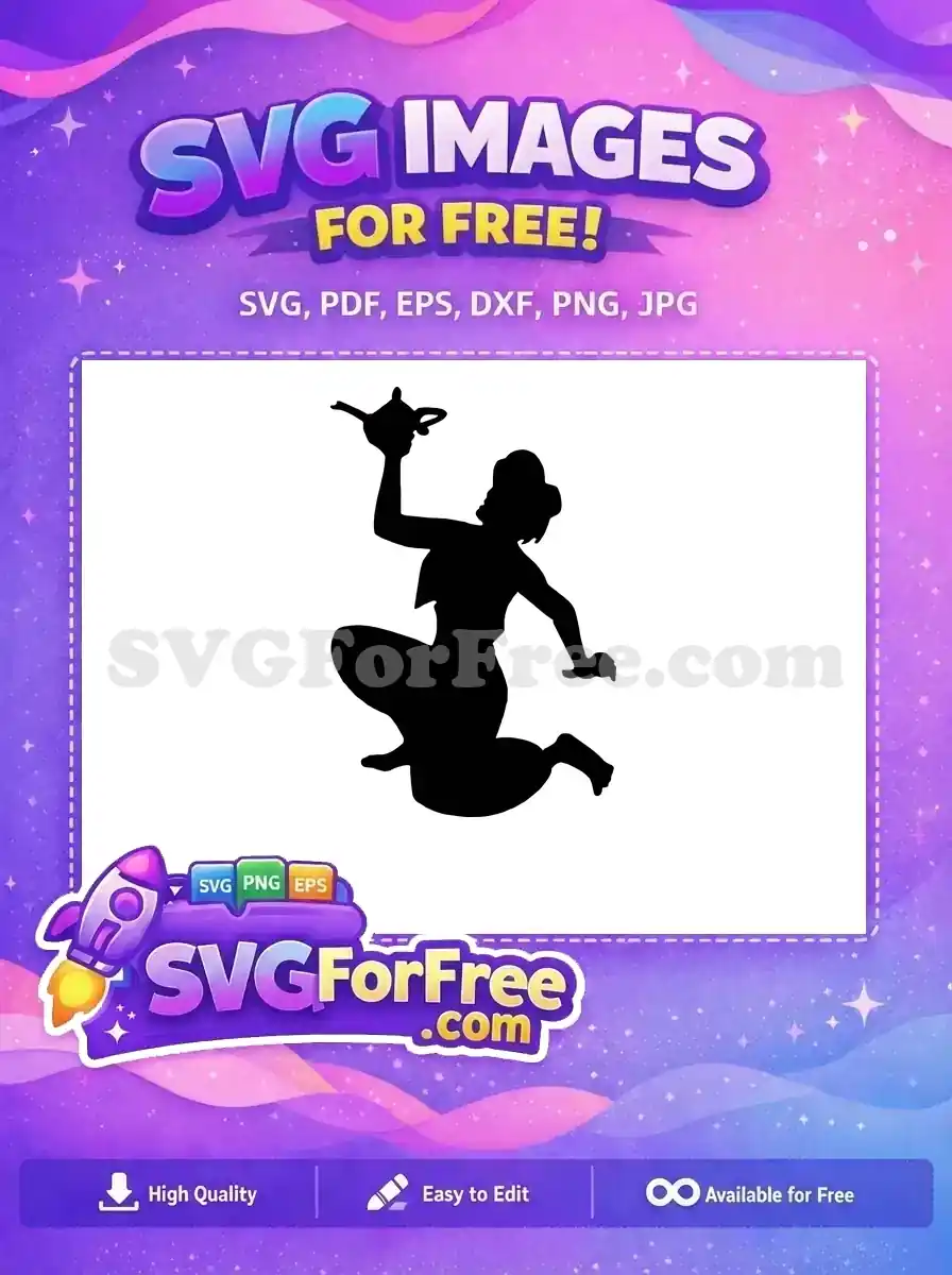 A dynamic free silhouette of a genie-like woman holding an antique oil lamp, ready to grant wishes. This free design is versatile.