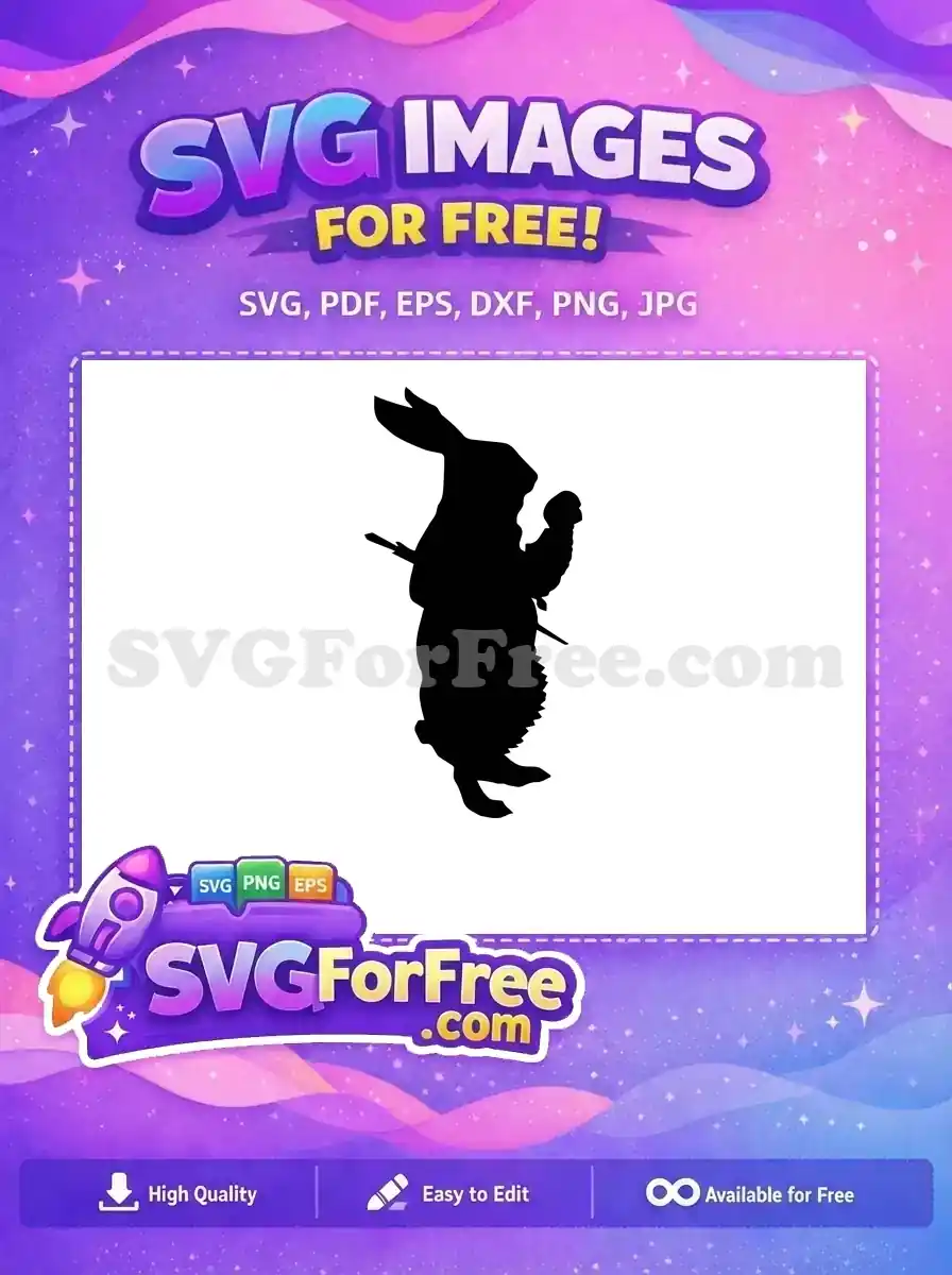Dynamic free rabbit silhouette SVG, standing upright with a staff and carrying a bundle. Ideal free design for crafters.