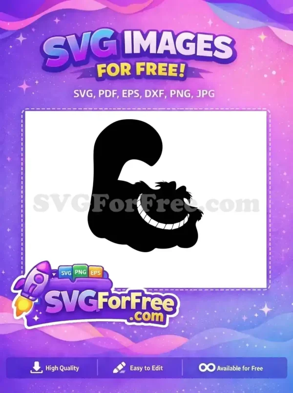 A striking black silhouette of the Cheshire Cat's mischievous grin, a fantastic free design for any creative endeavor.