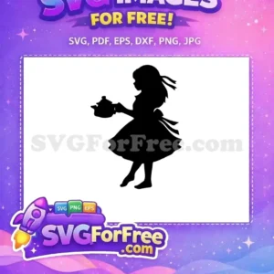 Free Wonderland Girl Silhouette with Teapot Design Free design featuring a classic girl silhouette holding a teapot, ideal for fantasy-themed crafts and free projects.