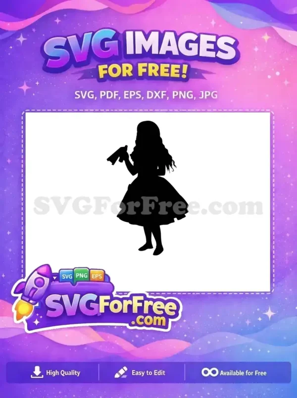 Free Alice in Wonderland silhouette SVG. A classic character holding a bottle, ideal for magical, imaginative projects.
