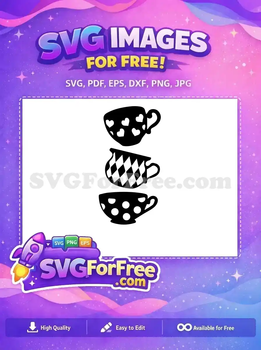A delightful free SVG design featuring a black teacup adorned with charming white heart patterns. Perfect for crafting projects.