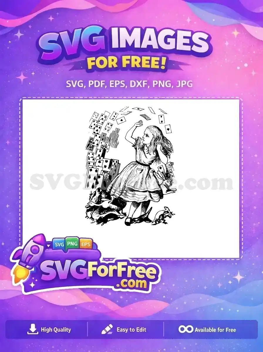 Free Alice in Wonderland illustration showing Alice surrounded by a storm of flying playing cards, a truly free design.