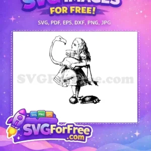 Free vintage Alice in Wonderland illustration of Alice holding a flamingo, with a hedgehog for croquet.