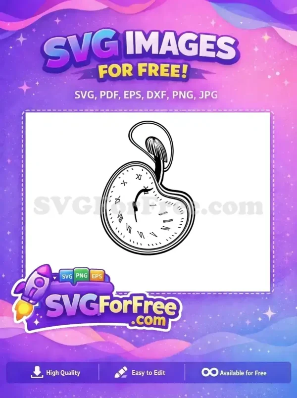 A captivating free surreal melting clock design, featuring Roman numerals, perfect for artistic projects and unique decor. Download this free design now!