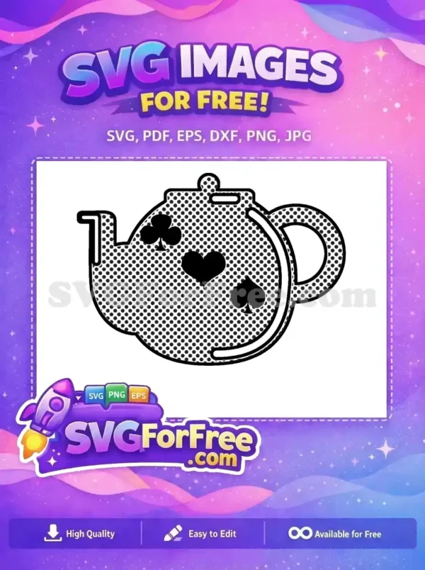 A free halftone teapot design, adorned with playing card suits (club, heart, spade), outlined in bold black. A playful, free vector.