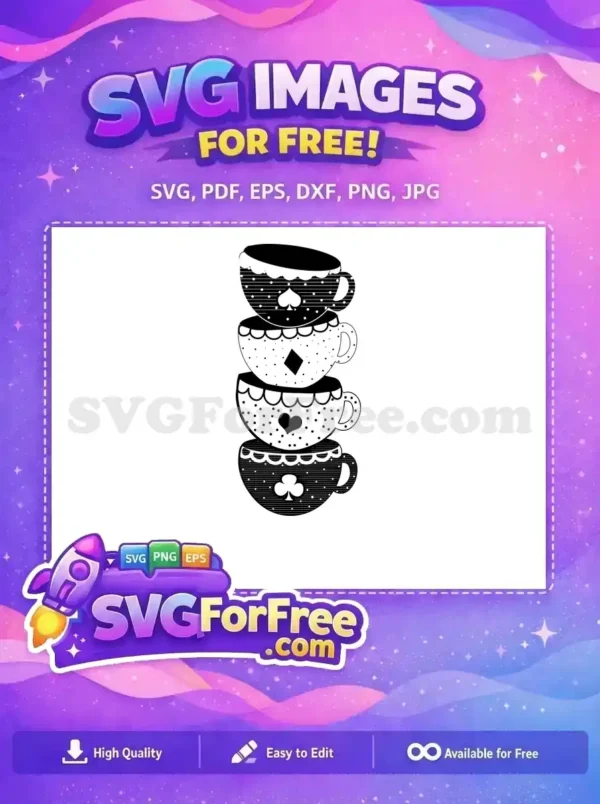 Free SVG of four whimsical teacups stacked, featuring playing card suits (spade, diamond, heart, club) and patterns.