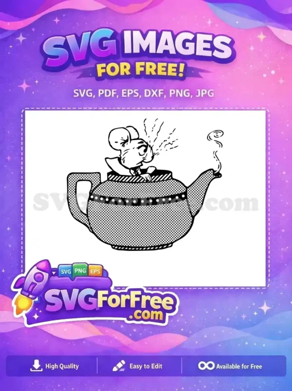 A free SVG design featuring a cartoon mouse with steam coming from its mouth, trapped inside a patterned teapot.