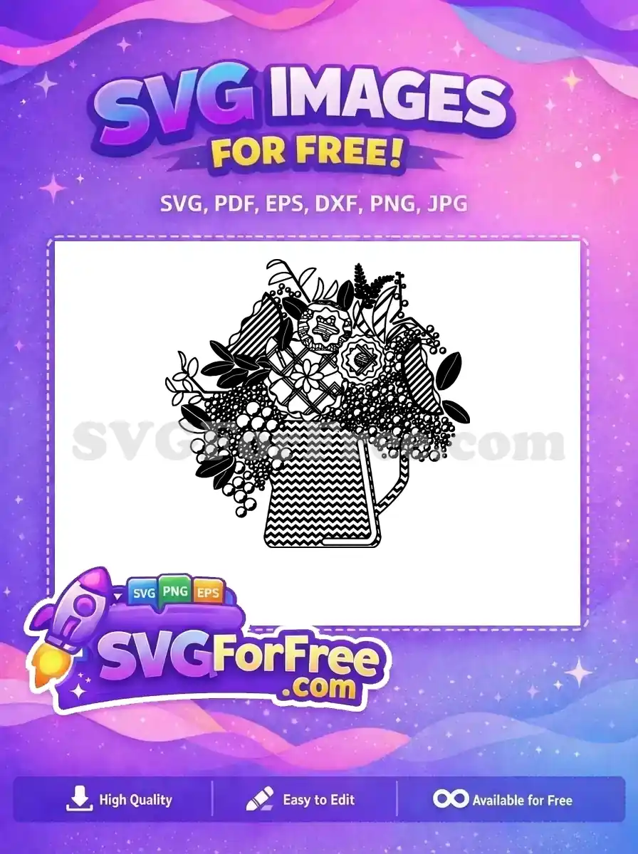 A free SVG design featuring a charming black and white floral bouquet in a chevron pitcher, ideal for crafting projects.