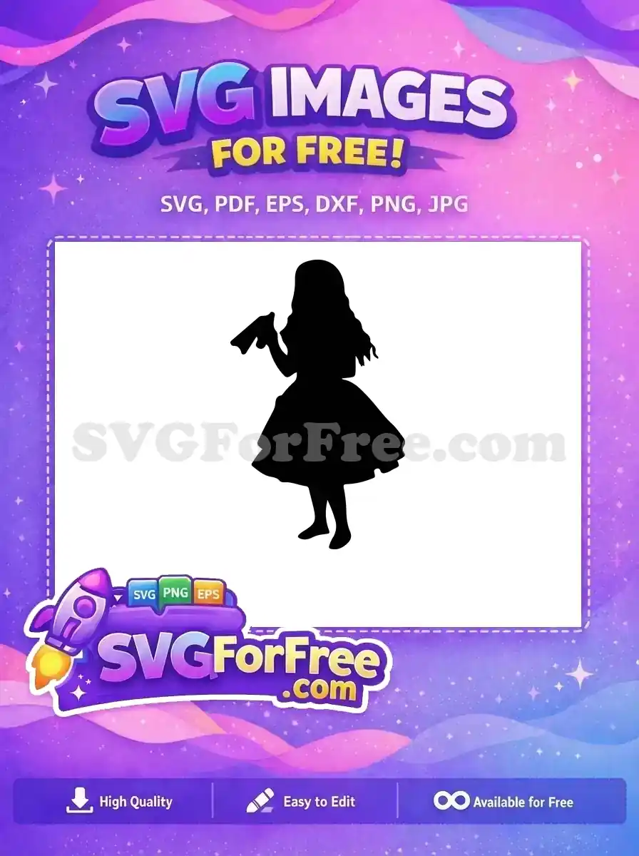 A free SVG silhouette of a charming girl with flowing hair and a dress, holding an item to her mouth. This free design is versatile.