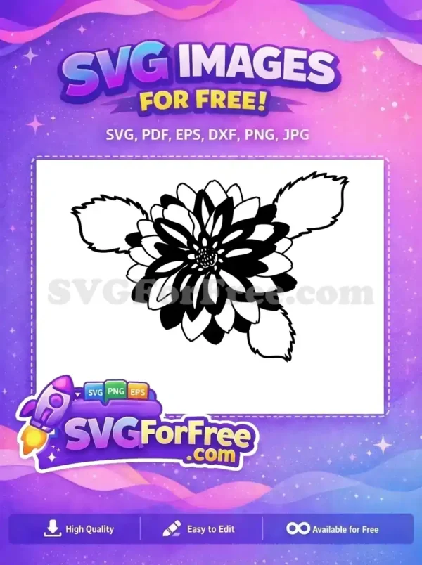 A beautiful free black and white dahlia flower SVG design with three leaves, ideal for various free crafting projects and digital art.