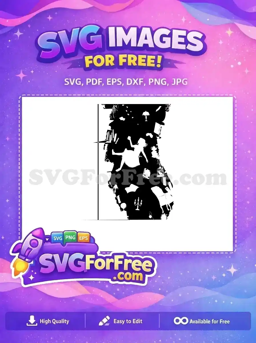 Free Alice in Wonderland-style SVG depicting a girl falling amidst books, lamps, and a birdcage. A free vector art for imaginative designs.