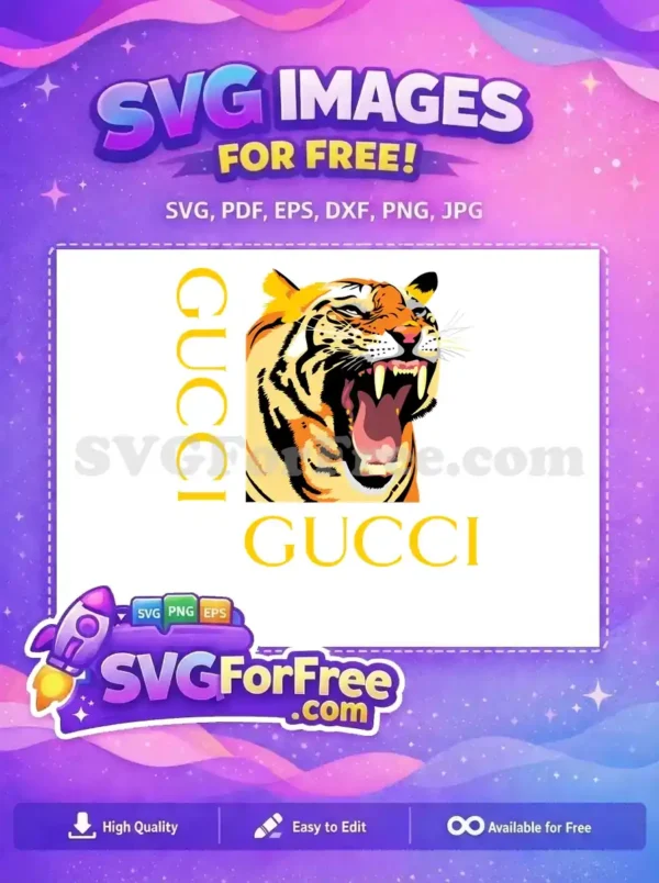 A vibrant, roaring tiger head free SVG design, stylized with bold orange and black stripes, featuring the 'GUCCI' text. Download this free vector now!