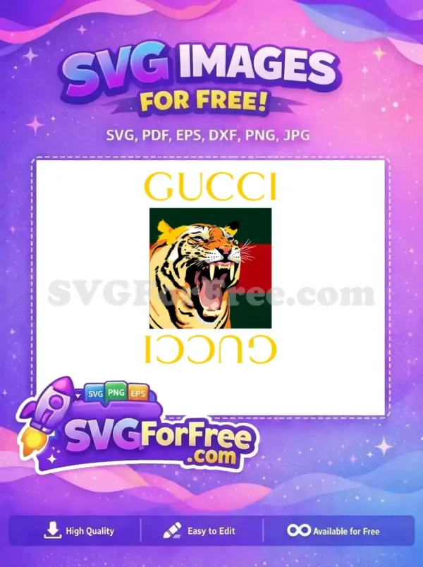 A fierce roaring tiger free design, set against iconic green and red stripes, with bold 'GUCCI' text. This free SVG offers striking, vibrant imagery for any project.