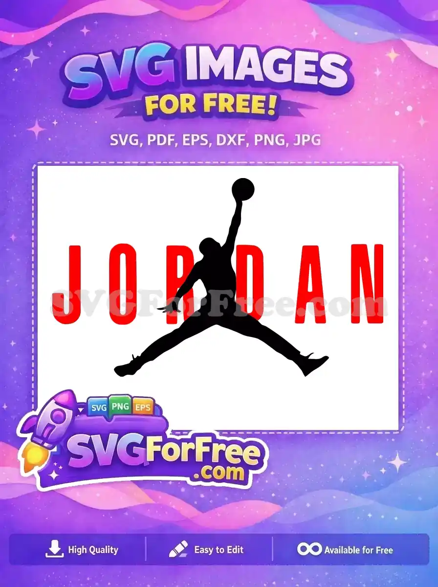 Free iconic Jordan Jumpman logo featuring a black silhouette of a basketball player mid-dunk, with red 'JORDAN' text. Download this free SVG.