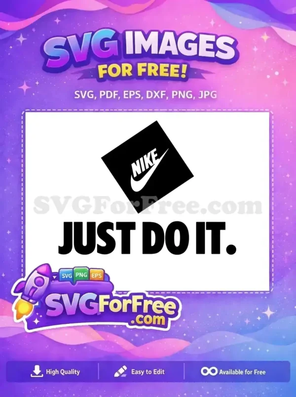 A free Nike 'Just Do It.' SVG design, featuring the iconic swoosh logo in a tilted black box above the bold slogan, ideal for various creative projects.