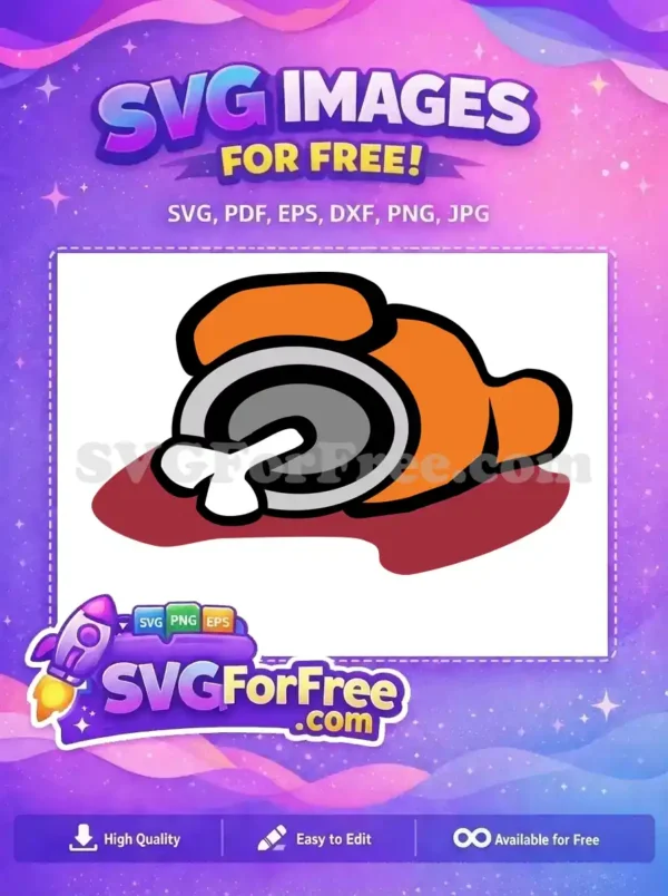 A free design of an orange Among Us dead crewmate, split in half with a bone and blood, ready for your projects.