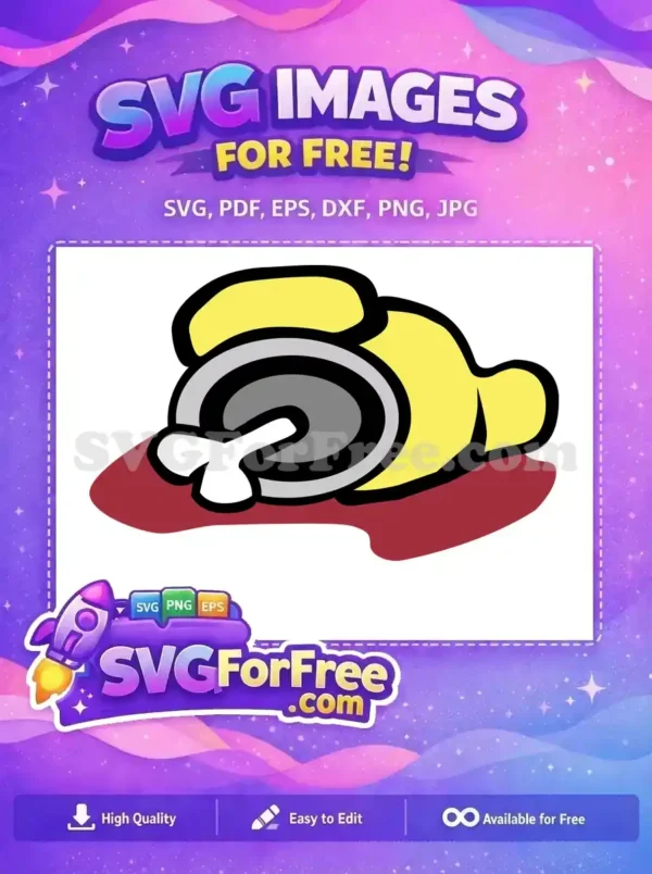A vibrant free design showcasing a yellow Among Us crewmate who is 'dead,' with a bone and blood. Perfect free SVG for fans.