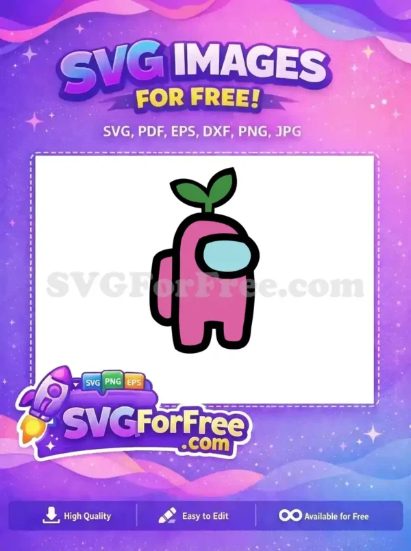 A free, vibrant pink Among Us character with a fresh green sprout on its head, perfect for creative projects.