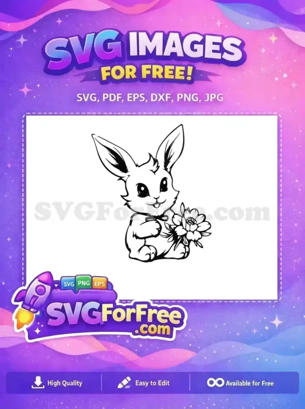 Free Cute Smiling Free Flower Holding Rabbit Outline Free SVG