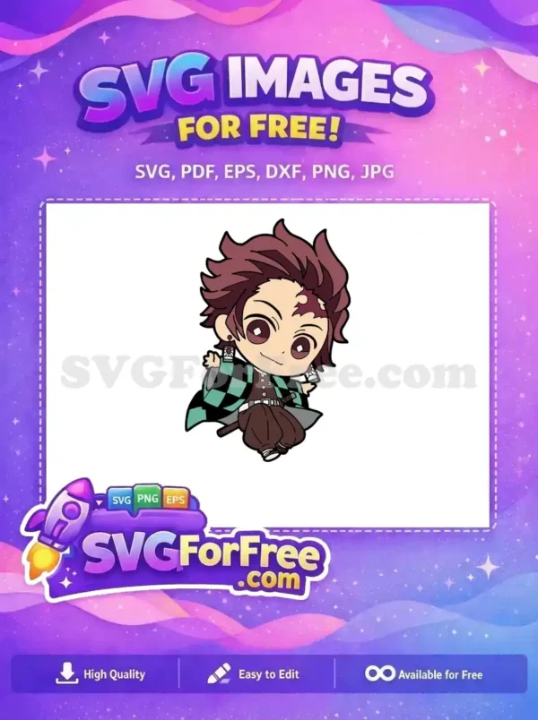 Download this free chibi Tanjiro Kamado SVG, a delightful design for fans. Ideal for crafts, apparel, and digital projects.