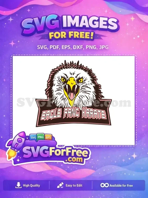 Dynamic free Eagle Fang Karate logo featuring a white and brown eagle head with yellow eyes and beak, atop a 'Karate' banner. Free design download.