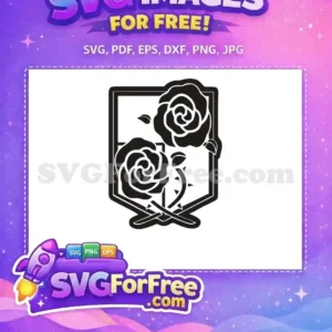 Free rose emblem SVG, a striking black and white design with two detailed roses within a shield motif, ideal for diverse projects.
