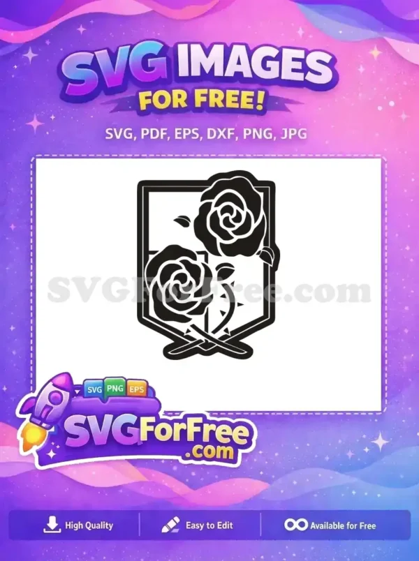 Free rose emblem SVG, a striking black and white design with two detailed roses within a shield motif, ideal for diverse projects.