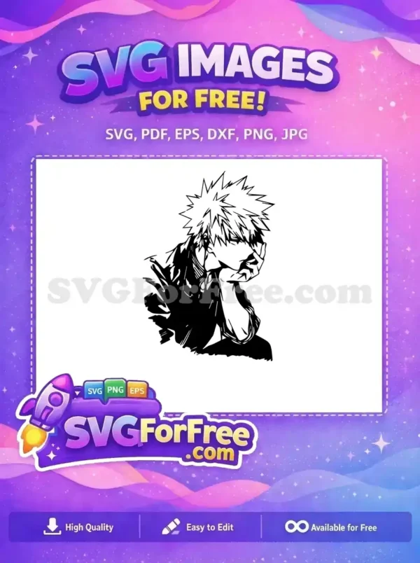 Pensive Anime Character Free SVG – Dynamic Free Design Free anime character SVG, black and white line art of a person with spiky hair, hand to face, a truly free design for your creative use.