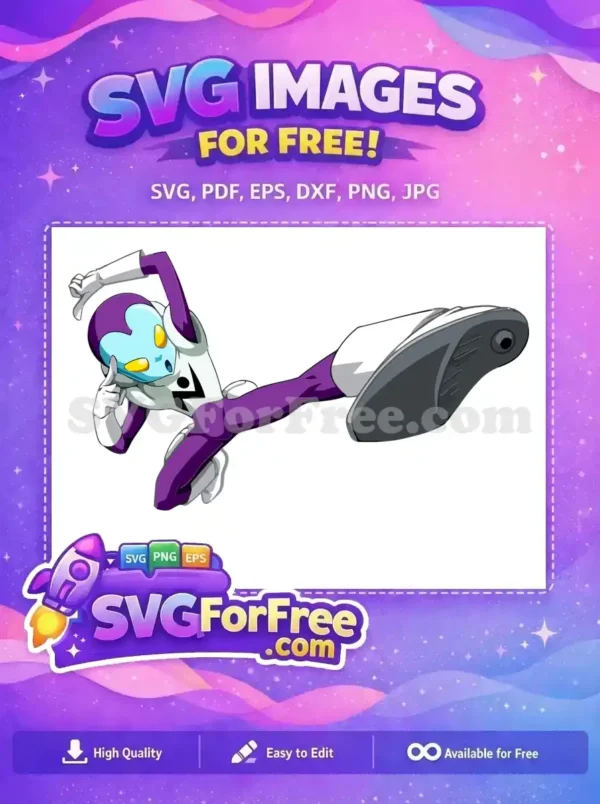 Free dynamic anime character in a powerful kick pose, featuring blue skin, purple and white suit. A striking free vector.