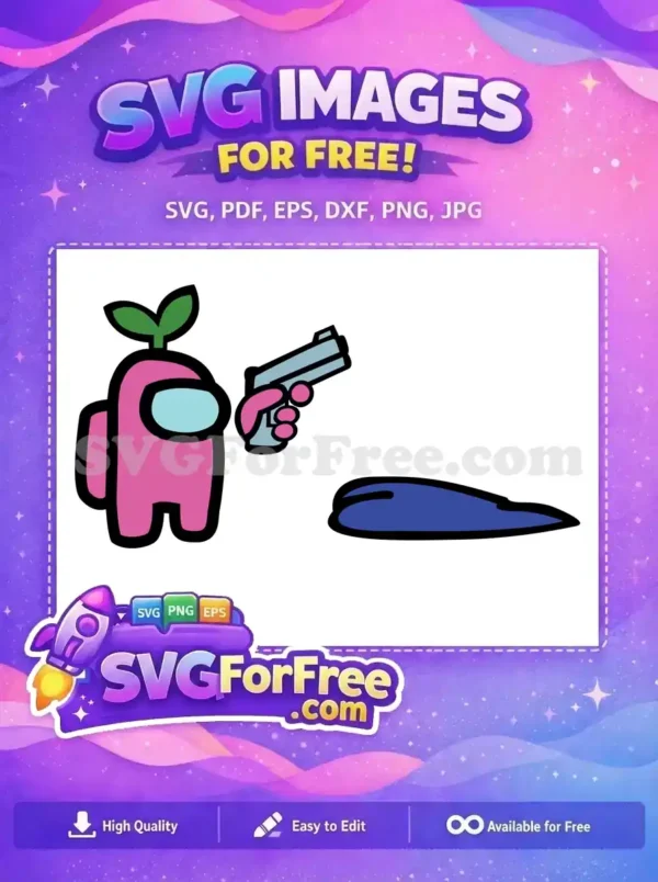 Free Among Us imposter SVG featuring a pink crewmate with a sprout hat holding a gun over a defeated blue crewmate.