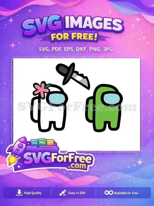 Download this free Among Us character SVG, showing a white crewmate with a flower, a green crewmate, and a knife.