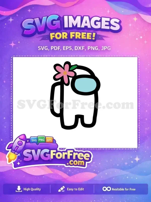 Free Among Us Flower Crewmate SVG Design Ready Now! A free Among Us crewmate SVG, white with black outline, light blue visor, wearing a charming pink flower. Perfect free fan art.