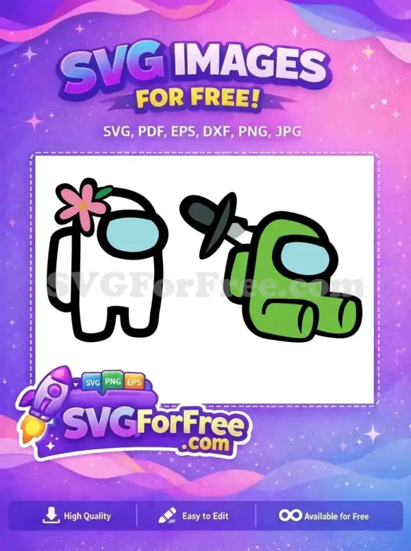 A free design of a white Among Us character standing, adorned with a delicate pink flower on its head. A cute free asset.