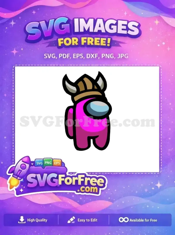 Free Pink Among Us Viking Helmet SVG Design for Crafters A free Among Us character SVG in bright pink, sporting a cool Viking helmet with horns, ready for your creative projects.