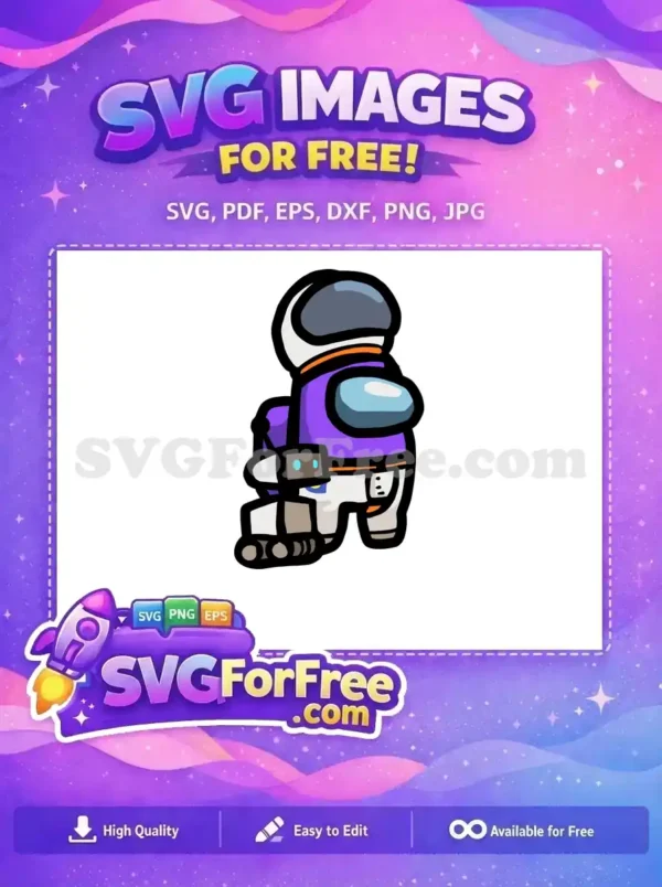 A vibrant free design showcasing a purple Among Us character alongside a cute WALL-E-inspired robot. An essential free SVG for fans!