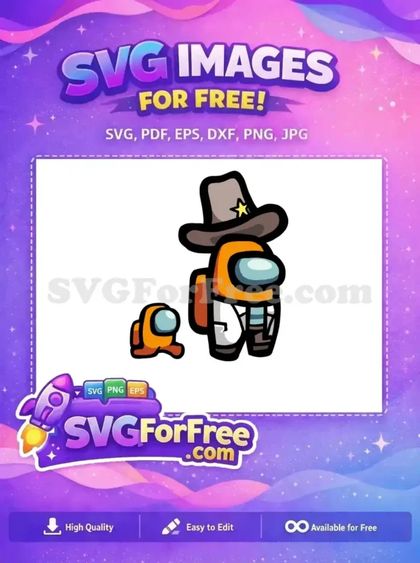 Free Among Us character design, showing an orange crewmate in a cowboy hat with a star, beside a tiny free mini-crewmate.