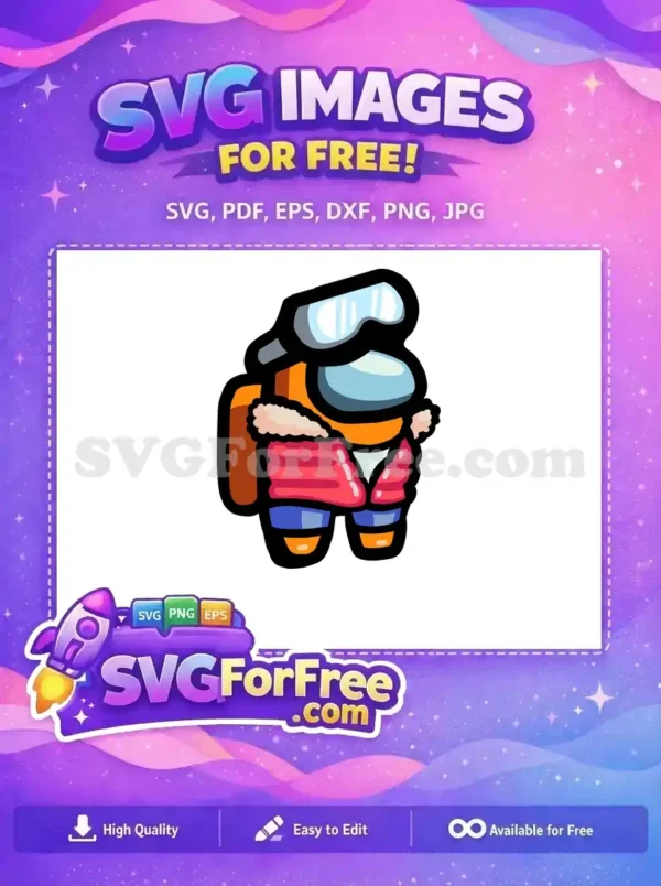 A free Among Us character in a vibrant orange winter suit, complete with red jacket and cool goggles.